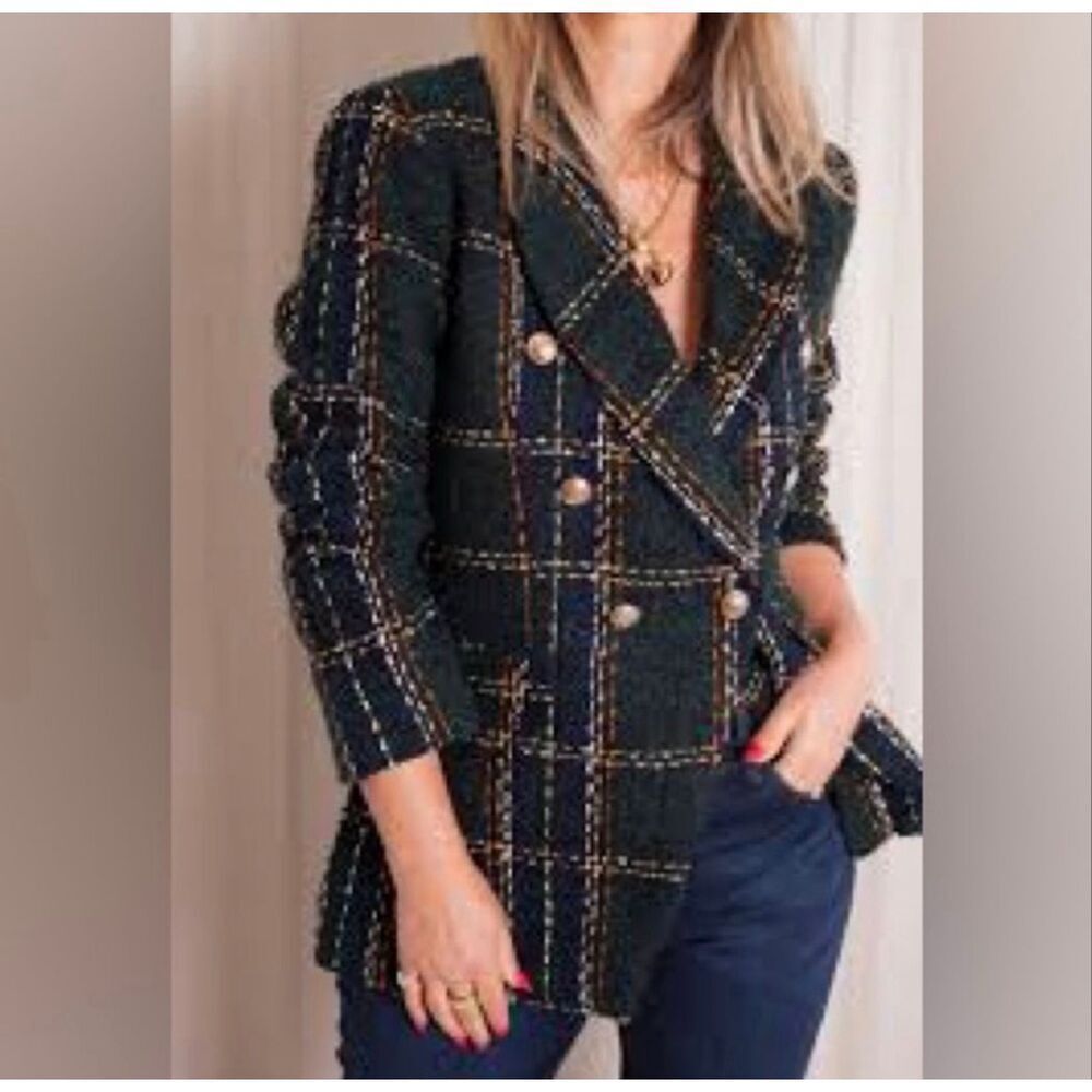 Blank NYC Tweed Frayed Blazer Forest Green Prep School Size Medium